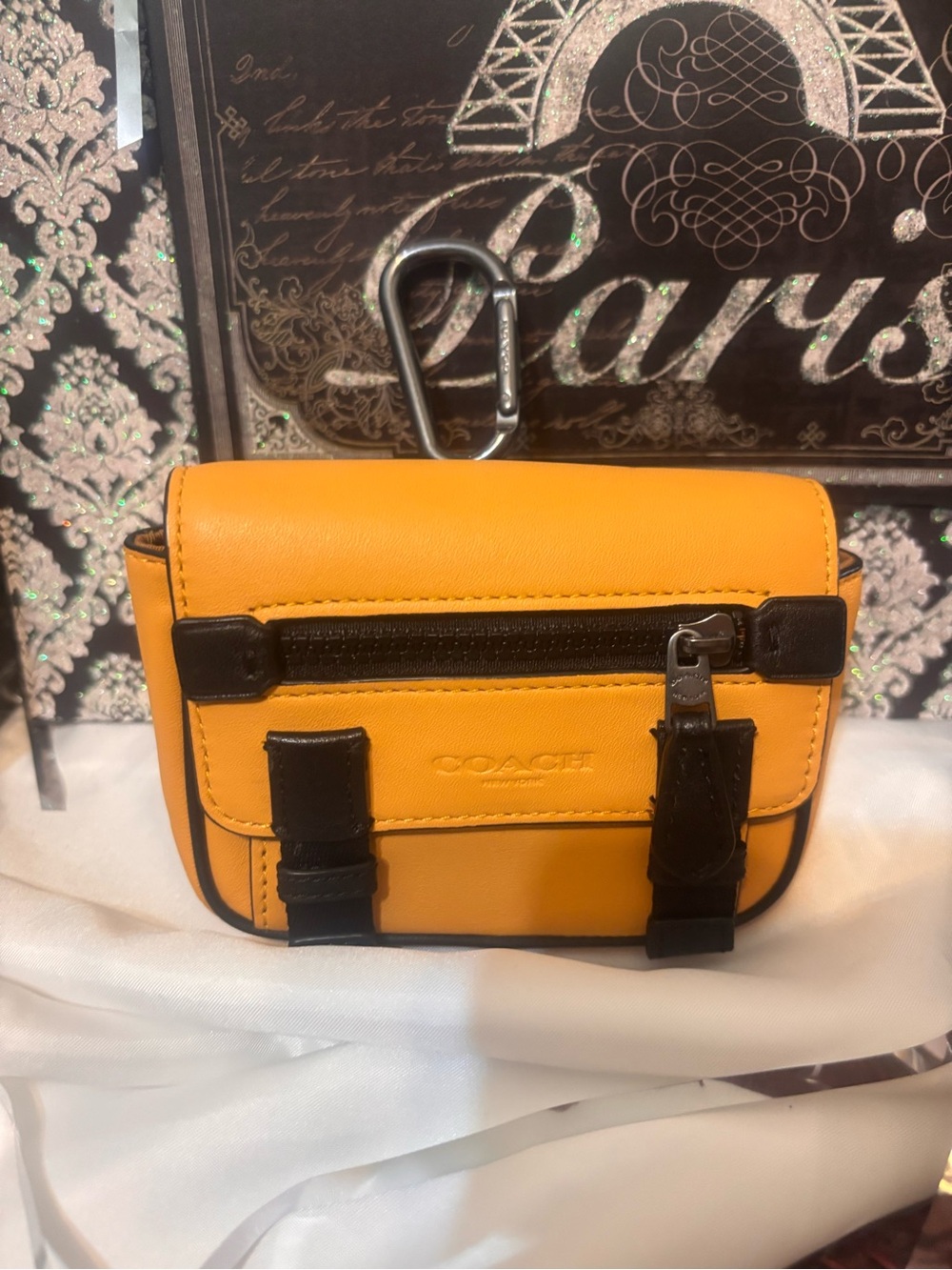 COACH Micro Track Key Fob Fine Yellow Leather Mini Bag with Black Trim